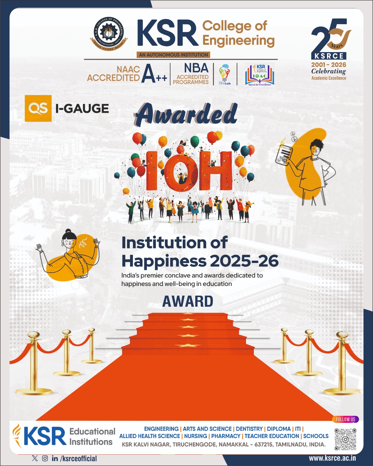 KSRCE Awarded with Institution Of Happiness (IOH) award by QS I- GAUGE